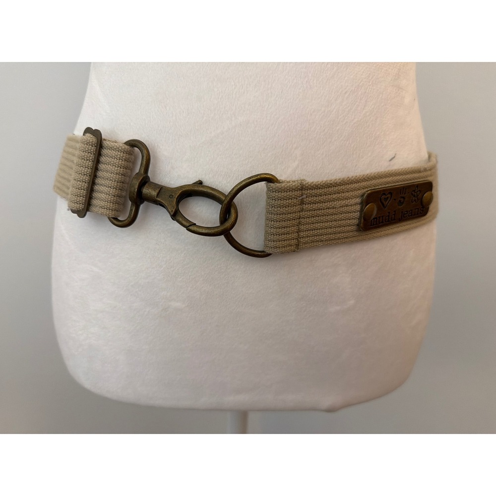 Vintage Mudd Jeans Tan Elastic Canvas Belt Adjustable Brass Swivel Clasp Y2K
